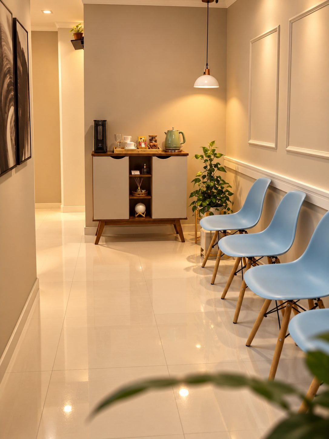 Recepção do consultório de psicologia em Joinville, com cadeiras e iluminação suave